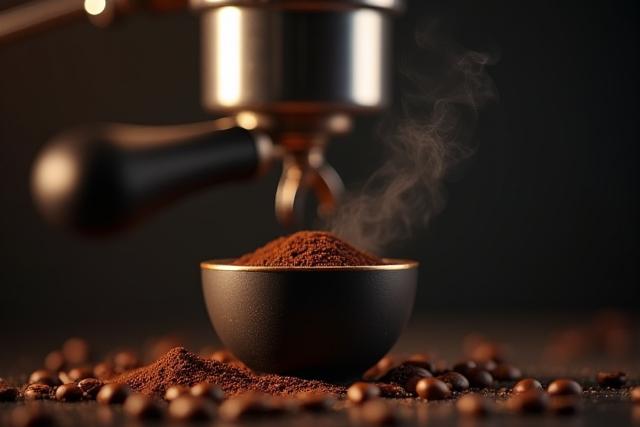 Kávébabok egy daráló mellett, háttérben egy kávéfőző