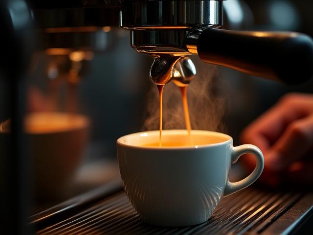 Kép: Egy barista profin készít egy tökéletes eszpresszót, gőzölőgéppel.