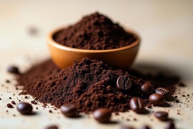 Frissen őrölt kávébabok egy tálban, mellette egész kávébabok