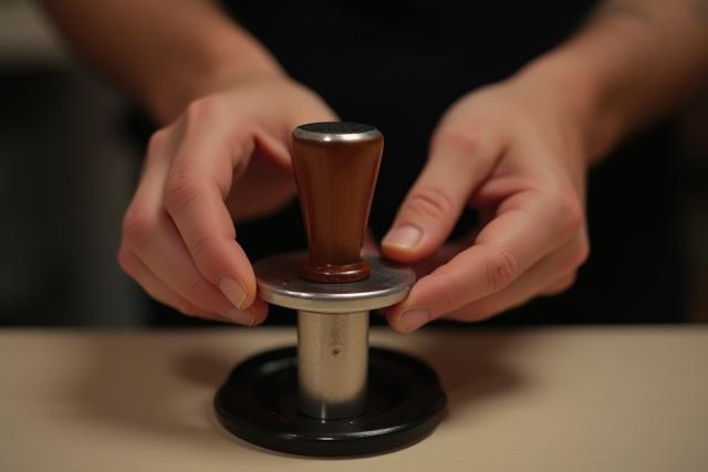 Barista tömöríti a kávét a portafilterben egy tamperrel
