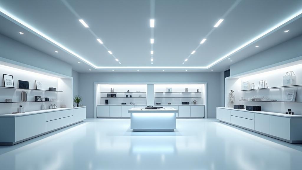 Modern kiskereskedelmi tér, polcokat figyelő optikai szenzorokkal