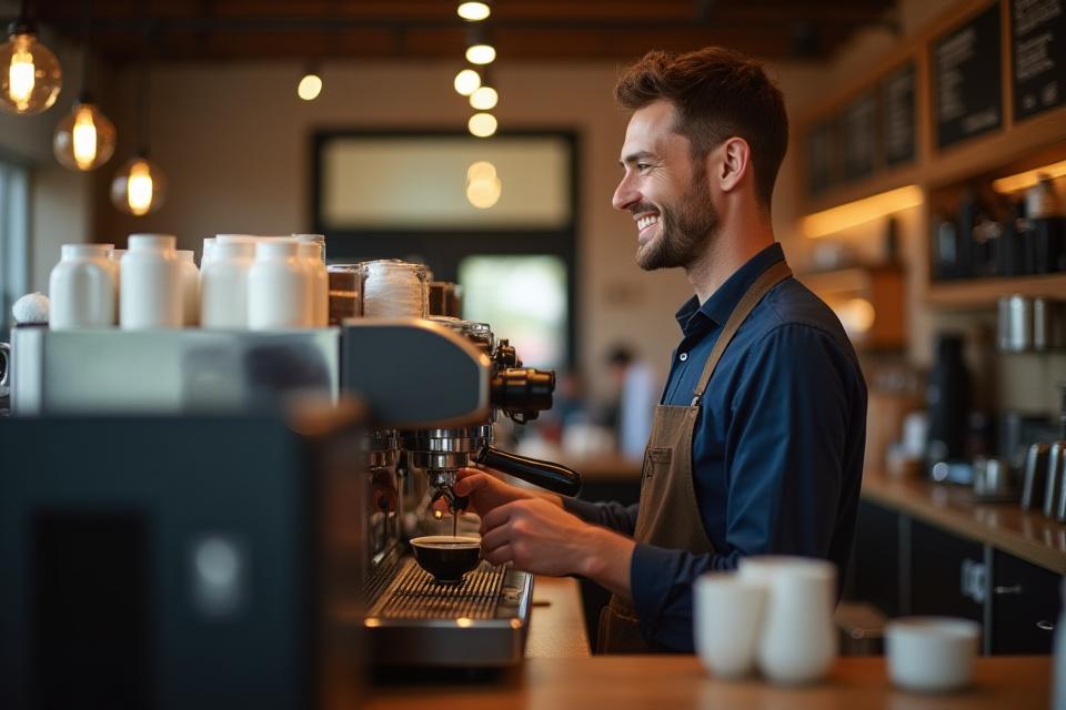 Barista modern kávézóban, háttérben digitális készletkijelzővel
