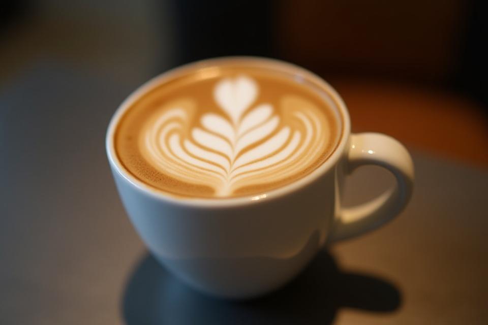 Kávéscsésze latte art-tal egy elegáns üzleti környezetben
