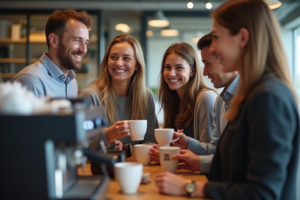 Boldog alkalmazottak kávézók az irodában modern kávégép mellett