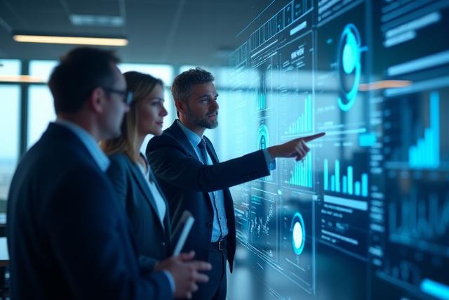 Üzleti tanácsadók beszélgetnek modern irodában, háttérben nagyképernyős adatábrázolás